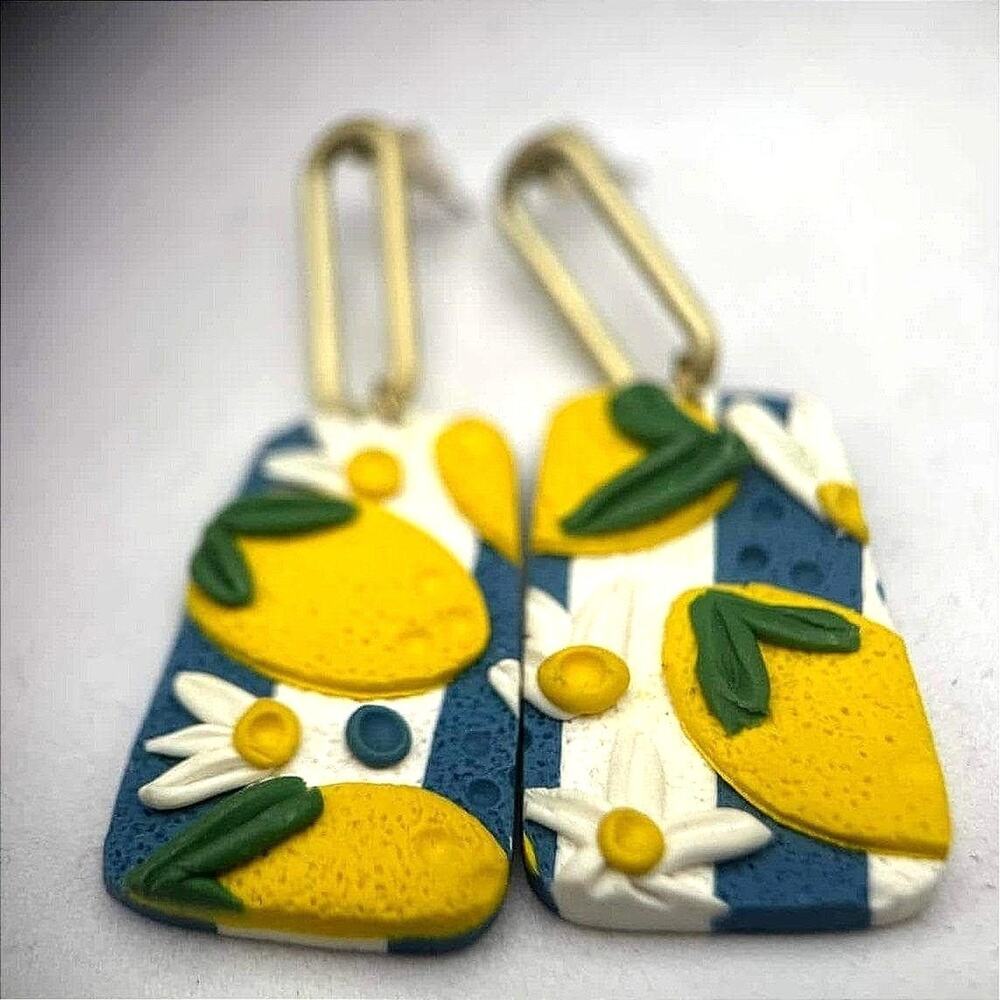 Vintage Handmade Polymer Blue White Lemon Floral Design Clay Emery Earrings